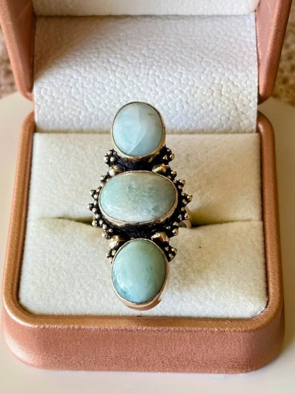 Larimar Three Stone Statement Ring 925 Silver Plated - Size 6.75